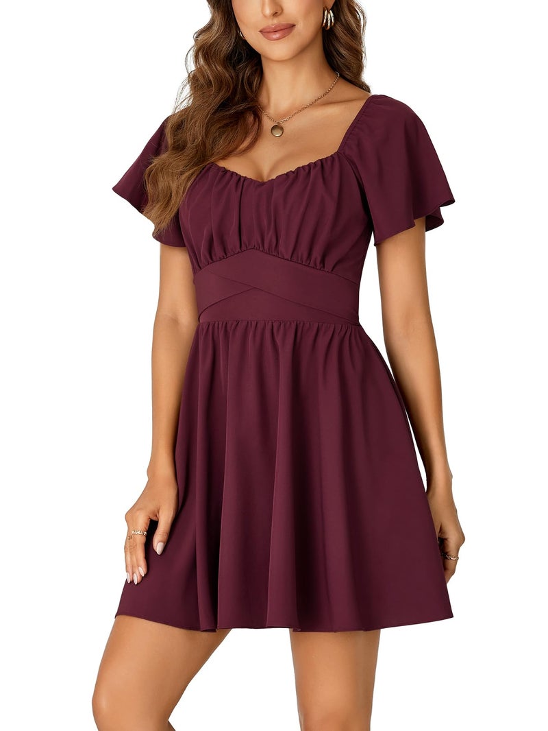Rooscier Women's Tie Back Square Neck Wrap Ruffle Short Sleeve Flare Mini Dress Wine Red X-Small - Image 3