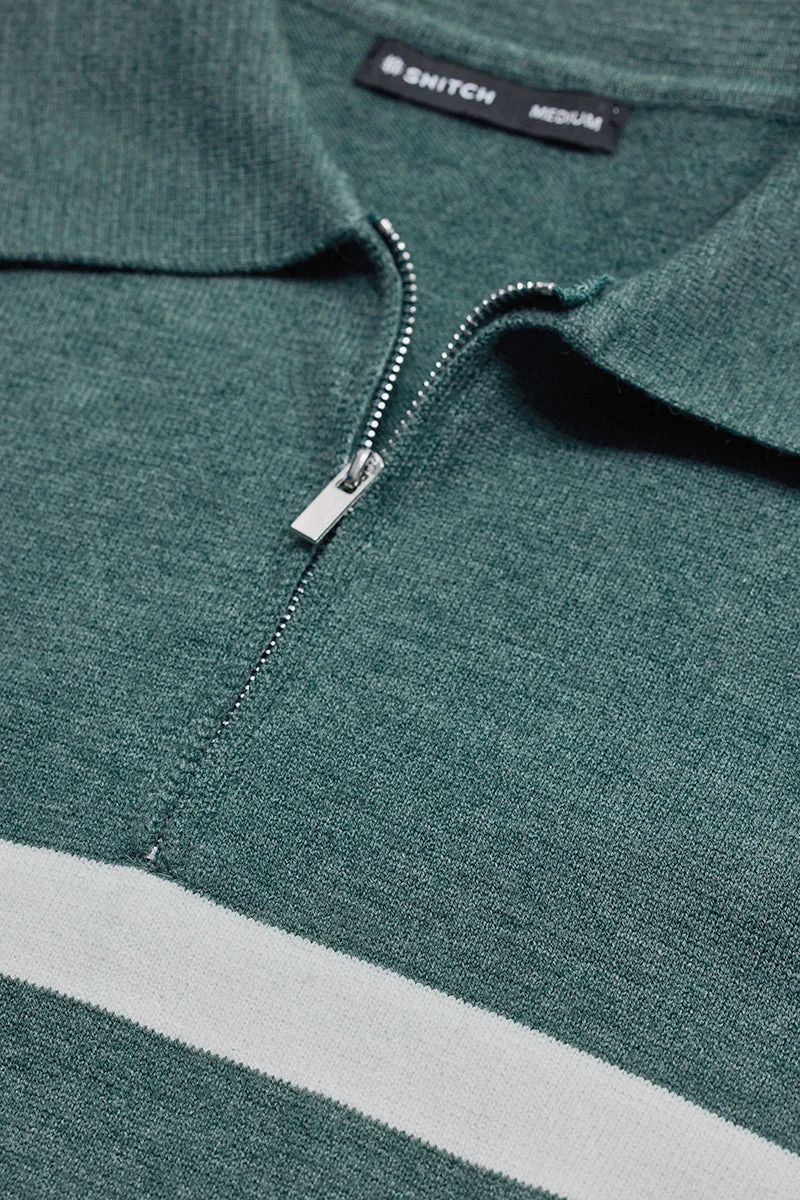 سنيتش Teal Striped Long Sleeve Slim Fit Casual Sweater
