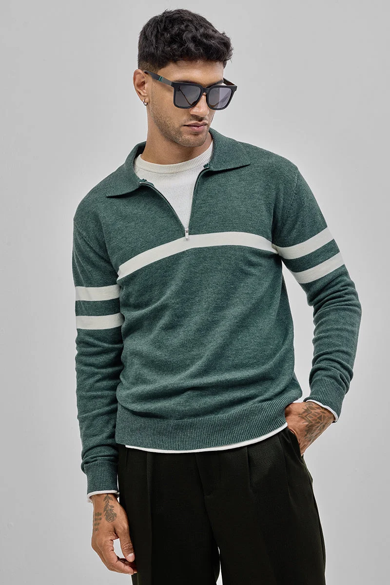 سنيتش Teal Striped Long Sleeve Slim Fit Casual Sweater