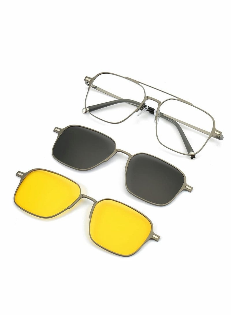 Magnetic Clip on Sunglasses for Men & Women Polarized UV Protection Retro Square Eyeglasses Fit Over Night Driving (3 PCS) - Image 1