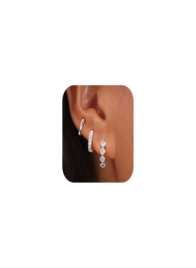 Rotnso Silver Hoop Earrings Set for Women Trendy, 925 Sterling Silver Plated Chunky Hypoallergenic Small Diamond Huggie Cartilage Hoops Cute Cubic Zirconia Dangle Earrings Jewelry Gifts - Image 1