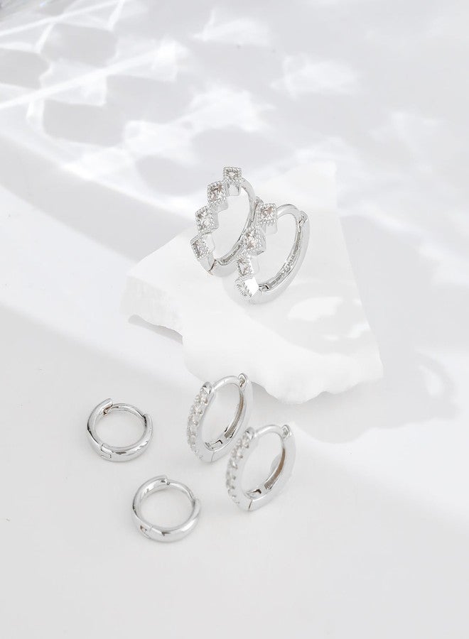 Rotnso Silver Hoop Earrings Set for Women Trendy, 925 Sterling Silver Plated Chunky Hypoallergenic Small Diamond Huggie Cartilage Hoops Cute Cubic Zirconia Dangle Earrings Jewelry Gifts - Image 5