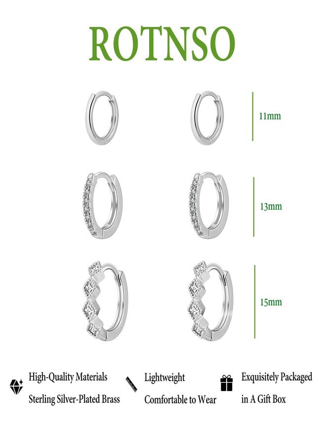Rotnso Silver Hoop Earrings Set for Women Trendy, 925 Sterling Silver Plated Chunky Hypoallergenic Small Diamond Huggie Cartilage Hoops Cute Cubic Zirconia Dangle Earrings Jewelry Gifts - Image 3