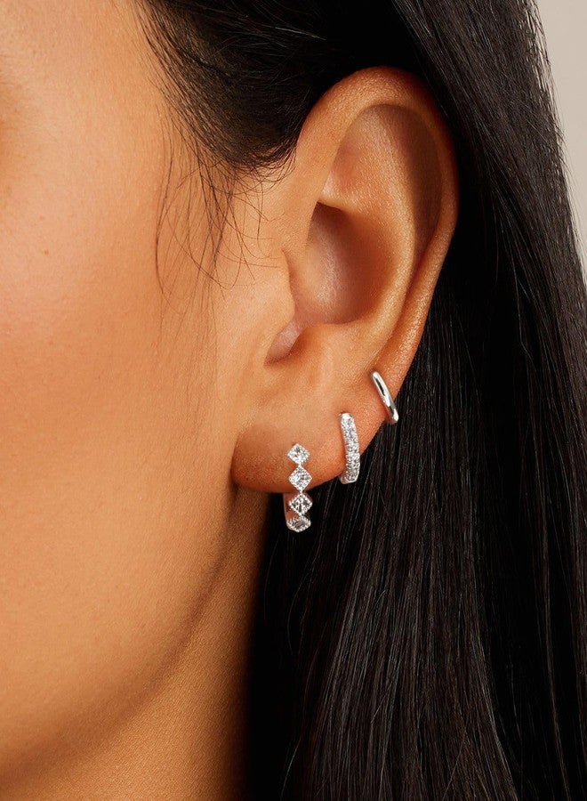 Rotnso Silver Hoop Earrings Set for Women Trendy, 925 Sterling Silver Plated Chunky Hypoallergenic Small Diamond Huggie Cartilage Hoops Cute Cubic Zirconia Dangle Earrings Jewelry Gifts - Image 4