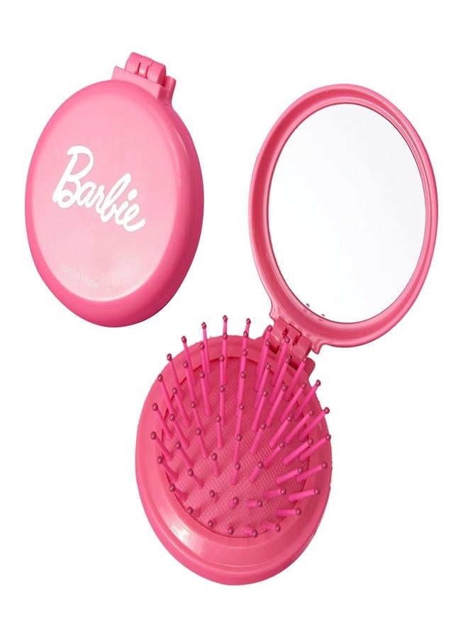 MINISO Barbie Portable Folding Mirror Comb for On-The-Go Styling | Compact Travel Hair Brush with Mirror | Fits in Pocket, Purse, Makeup Bag, Backpack | Detangling Comb for Women Quick Touch Ups - Image 1