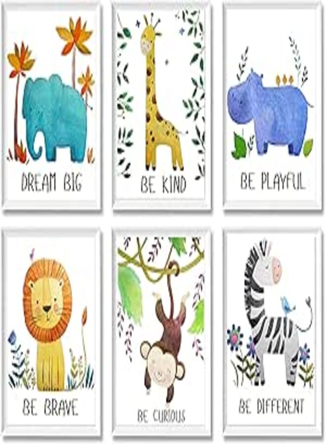 Baby Nursery Decor - Jungle Safari Animal Unframed Wall Art -Set of 6 Posters 8x10 - Lion, Giraffe, Elephant, Monkey, Zebra, Hippo with Inspirational Quotes for Boy Girl Kids 