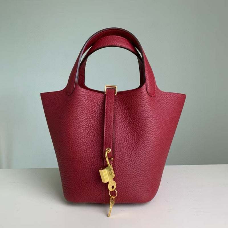 18cm Wax Line Hand Sewed TC Top Layer Cowhide Vegetable Basket Bag Bucket Bag Genuine Leather Womens Bag Handbag Ruby red 