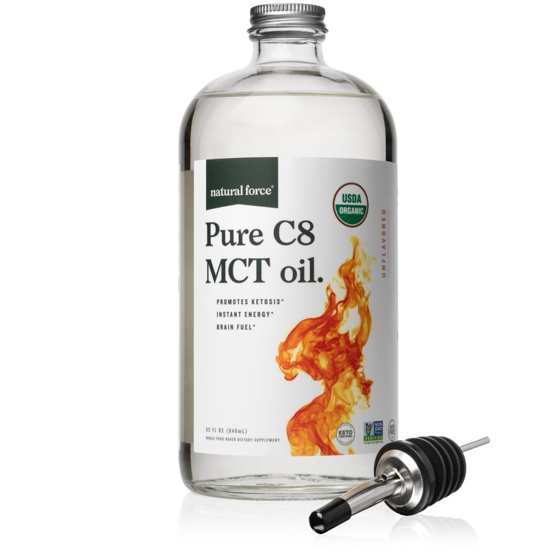 Natural Force Organic Pure C8 MCT Oil Liquid MCT Oil in Glass Bottle Container Concentrated Caprylic Acid Keto Paleo Kosher Vegan NonGMO Lab Tested for Quality and Purity 32 Ounce