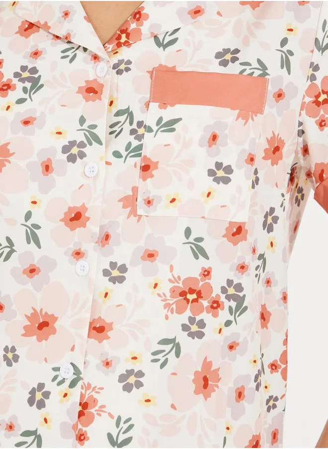 Styli Floral & Contrast Edge Shirt & Pyjama Set