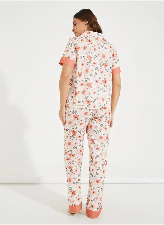 Styli Floral & Contrast Edge Shirt & Pyjama Set