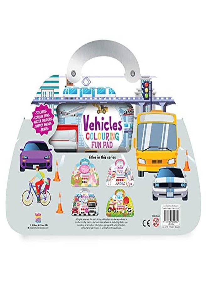 BRIJBASI Vehicle Colouring and Activity Kit with Handle | 32 Colouring Pages, 8 Sticker Sheets and Watercolour Set with 18 Colour Pens | Kids Art Kit - Image 1