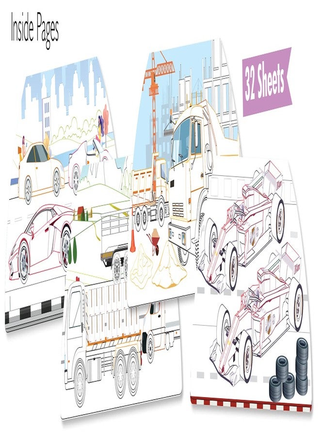 BRIJBASI Vehicle Colouring and Activity Kit with Handle | 32 Colouring Pages, 8 Sticker Sheets and Watercolour Set with 18 Colour Pens | Kids Art Kit - Image 3