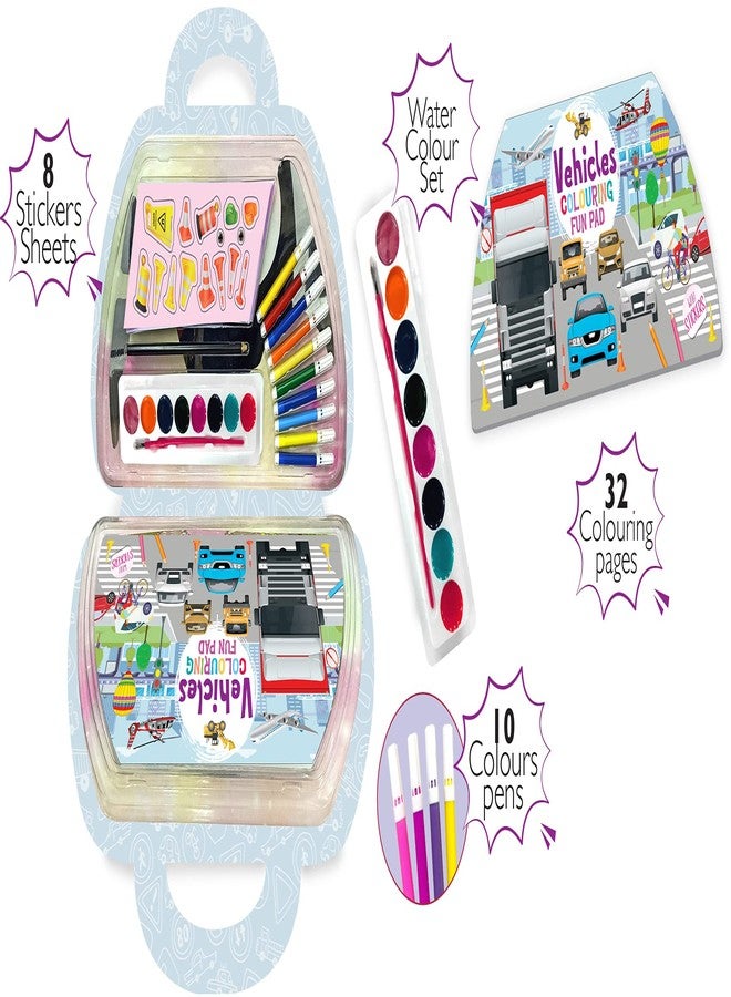 BRIJBASI Vehicle Colouring and Activity Kit with Handle | 32 Colouring Pages, 8 Sticker Sheets and Watercolour Set with 18 Colour Pens | Kids Art Kit - Image 2