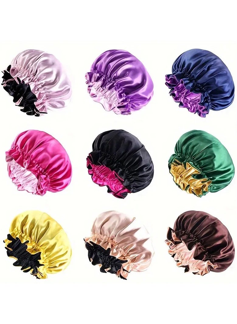 Goolsky 2-Pack Satin Bonnet Sleeping Cap Shower Cap - 100% Polyester Double Layer Adjustable Hair Bonnet with Ruffled Trim for Women Beauty Hair Care - Multicolor African Style Headwrap Turban Cap  - Image 4