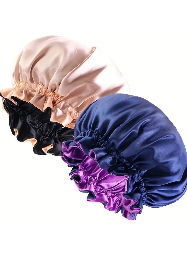 Goolsky 2-Pack Satin Bonnet Sleeping Cap Shower Cap - 100% Polyester Double Layer Adjustable Hair Bonnet with Ruffled Trim for Women Beauty Hair Care - Multicolor African Style Headwrap Turban Cap  - Image 1