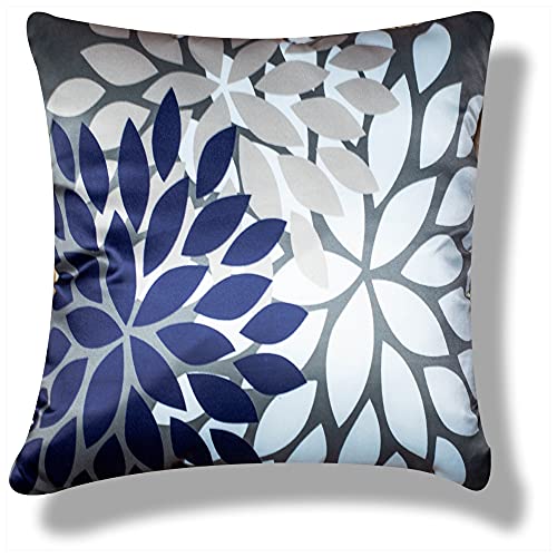 Vendola Decorative Satin Sofa Cushion Covers Set of 5, 24 Inch x 24 Inch 5 Piece, Sofa Big Cushion Pillow Cover, Navy Blue, White and Grey Colour, Floral Design, Zipper Closure (EDL, 24X24 Inches) - Image 5