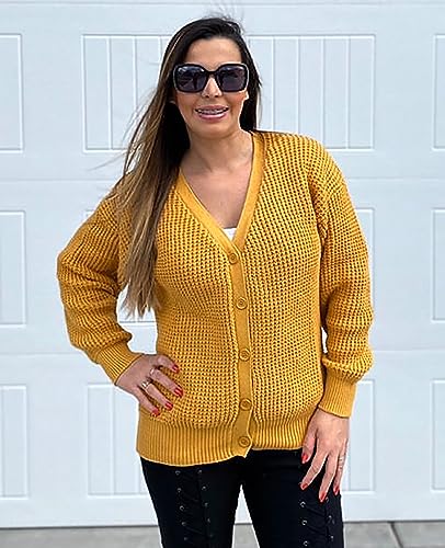 QUALFORT Women's Mustard Cardigan Sweaters for Women 100% Cotton Button-Down Long Sleeve Oversized Knit Outerwear Mustard X-Large - Image 4
