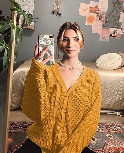 QUALFORT Women's Mustard Cardigan Sweaters for Women 100% Cotton Button-Down Long Sleeve Oversized Knit Outerwear Mustard X-Large - Image 5