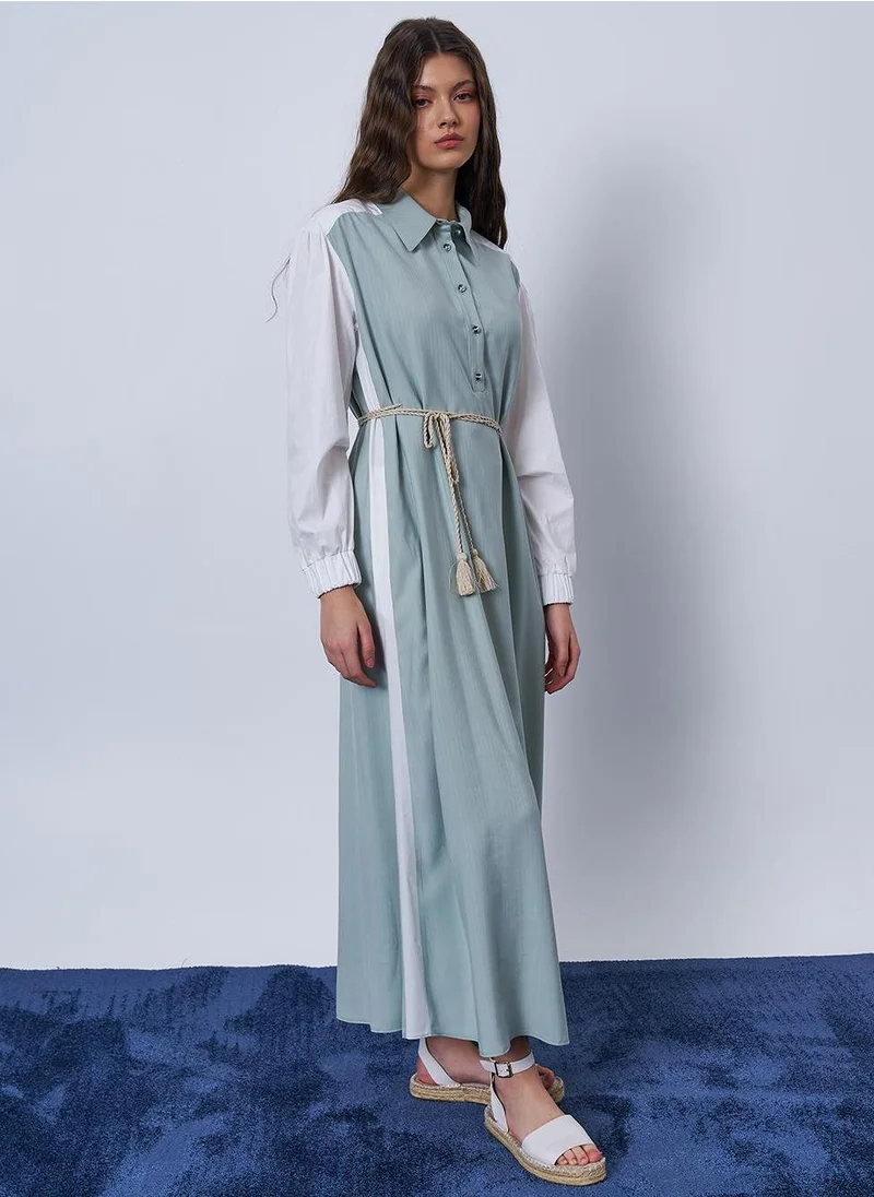 Kayra Knit Tie Detail Contrast Dress Aqua Green