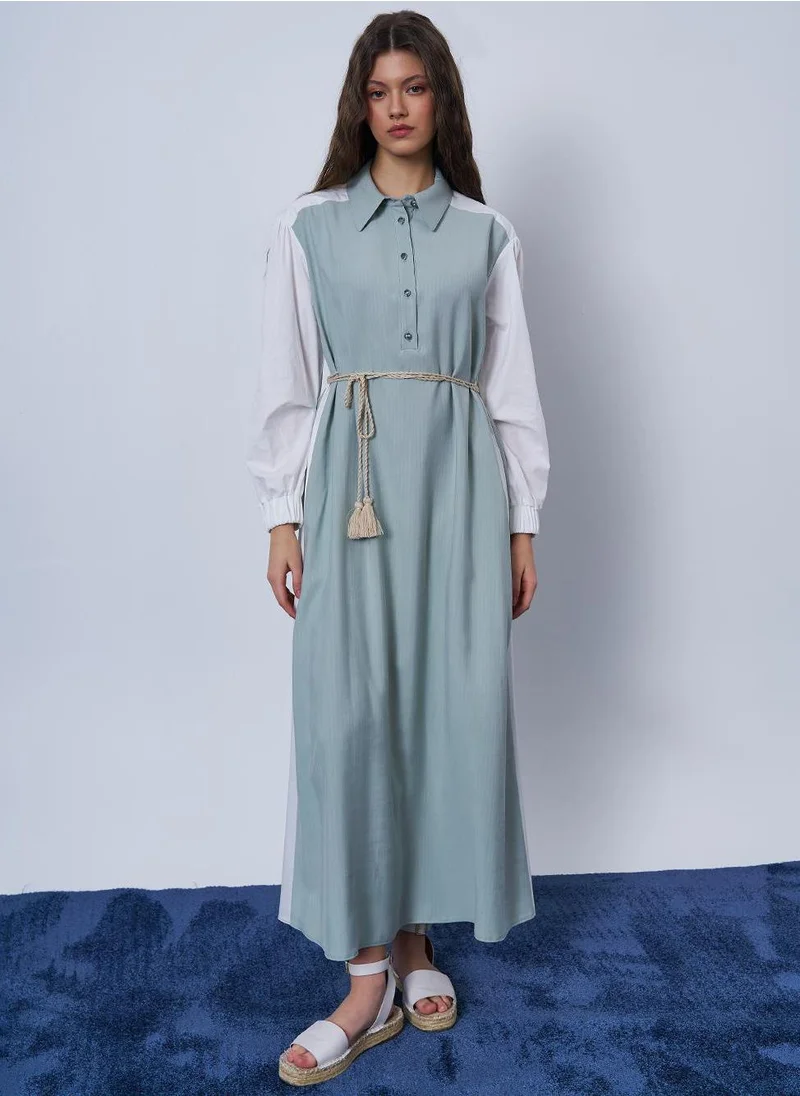 Kayra Knit Tie Detail Contrast Dress Aqua Green