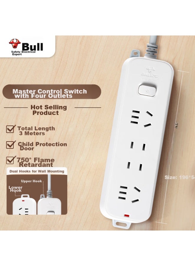 Bull Power Strip/extension Cord/power Bar/power Strip/power Board/dormitory Home Desktop Cable Block, 4 Outlets With Master Switch, 3 Meters Long, Gn-b3220 - Image 1
