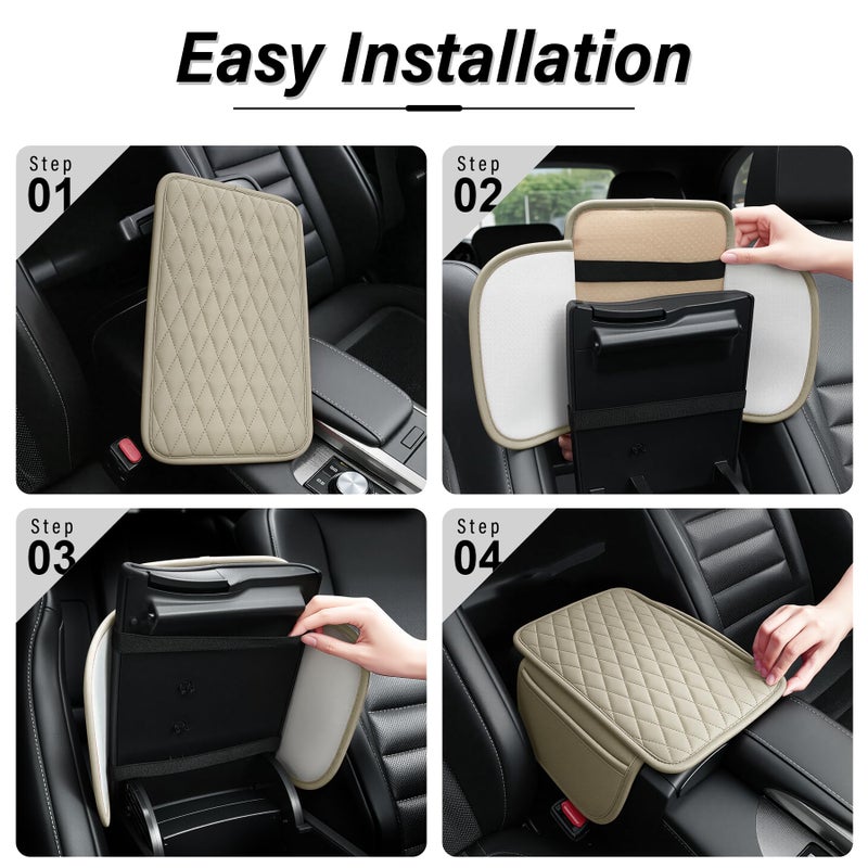 Amiss Car Center Console Cover, Leather Car Armrest Cushion with 2 Storage Pockets, Universal Waterproof Cushion Pad, Non-Slip Car Interior Accessories, Fits Most Sedans SUVs Trucks (Light Beige) - Image 4