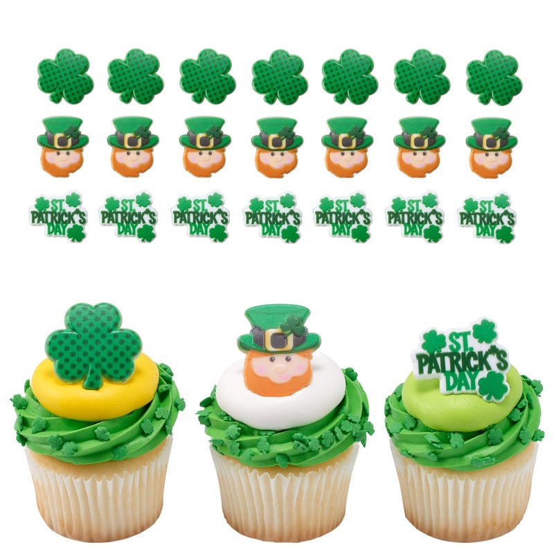 DecoPac St. Patrick's Day Rings, Cupcake Decorations, Cupcake Toppers Featuring Green Shamrock and Leprechauns, Food Safe Cake Topper â€“ 24 Pack - Image 1