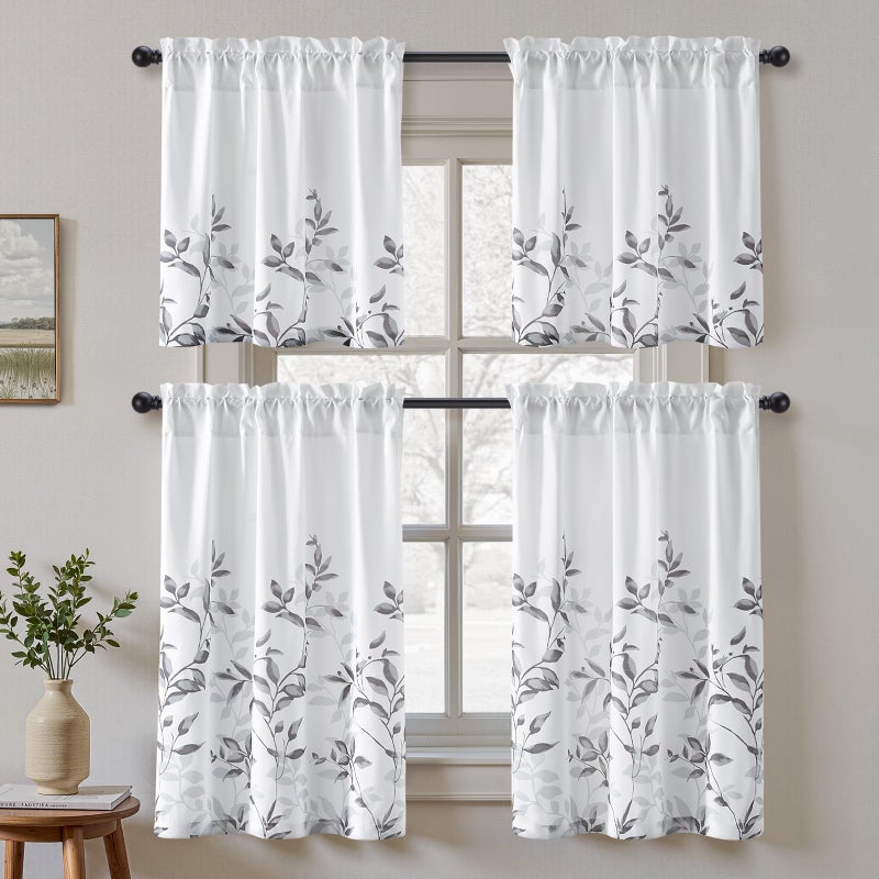 HOMEIDEAS Kitchen Curtains, Short Non-See-Through Privacy 30X36 Inch Length Tier Curtains, Grey and White Leaf Floral Printed Light Filtering Semi Sheer Small Window Drapes for Bathroom Cafe, 2 Panels - Image 2