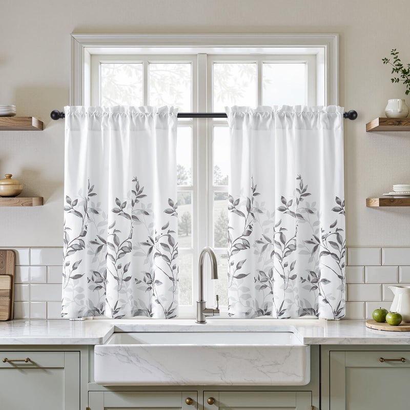 HOMEIDEAS Kitchen Curtains, Short Non-See-Through Privacy 30X36 Inch Length Tier Curtains, Grey and White Leaf Floral Printed Light Filtering Semi Sheer Small Window Drapes for Bathroom Cafe, 2 Panels - Image 1