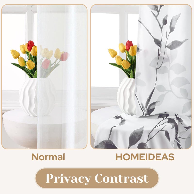 HOMEIDEAS Kitchen Curtains, Short Non-See-Through Privacy 30X36 Inch Length Tier Curtains, Grey and White Leaf Floral Printed Light Filtering Semi Sheer Small Window Drapes for Bathroom Cafe, 2 Panels - Image 4