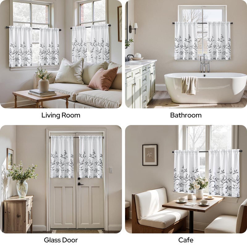 HOMEIDEAS Kitchen Curtains, Short Non-See-Through Privacy 30X36 Inch Length Tier Curtains, Grey and White Leaf Floral Printed Light Filtering Semi Sheer Small Window Drapes for Bathroom Cafe, 2 Panels - Image 3