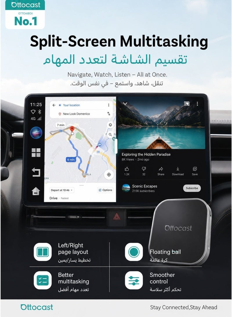 Ottocast E2 Wireless CarPlay Android Auto AI Box, Android 13, 4GB+64GB, CloudSIM 3.0, App Download, Split Screen, Plug & Play Car Adapter - Image 4