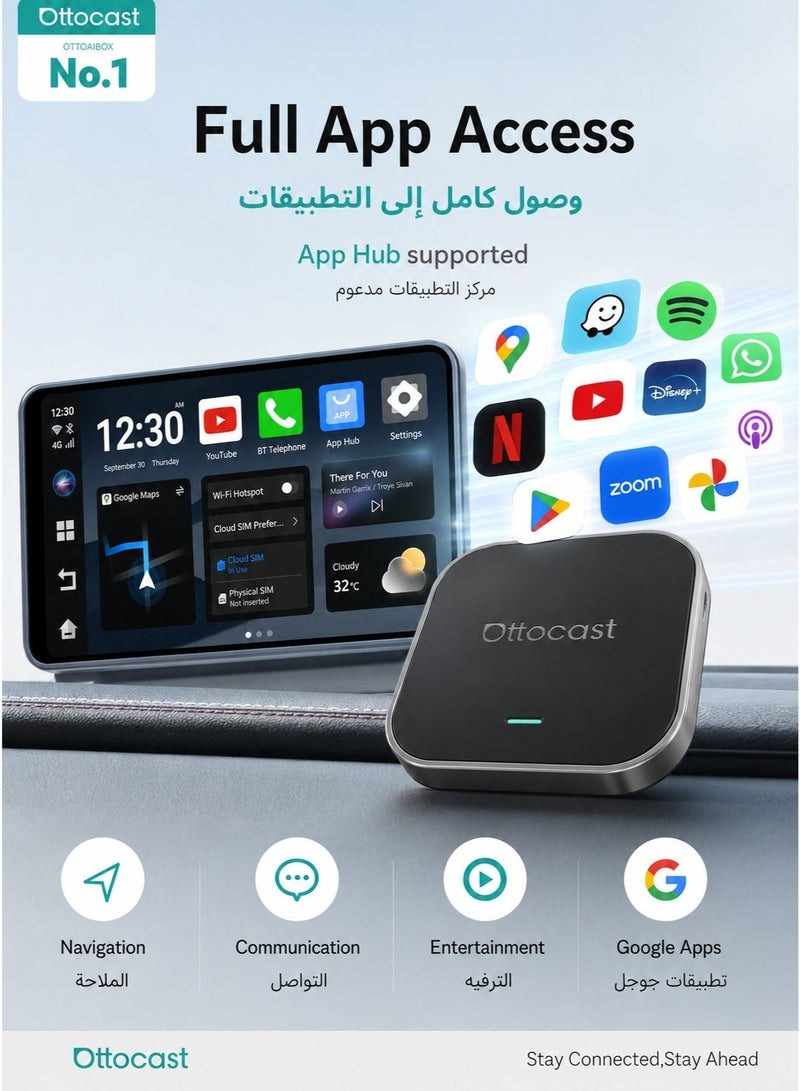 Ottocast E2 Wireless CarPlay Android Auto AI Box, Android 13, 4GB+64GB, CloudSIM 3.0, App Download, Split Screen, Plug & Play Car Adapter - Image 2