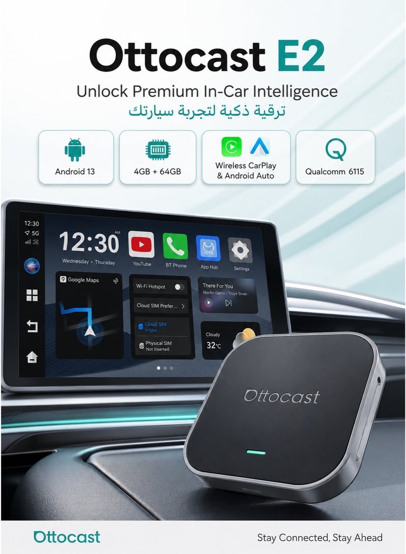 Ottocast E2 Wireless CarPlay Android Auto AI Box, Android 13, 4GB+64GB, CloudSIM 3.0, App Download, Split Screen, Plug & Play Car Adapter - Image 1