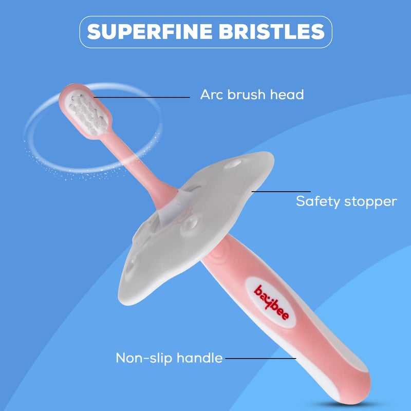 BAYBEE Soft Silicone Manual Toothbrush Set, Bpa Free Baby Training Toothbrushes With Anti Chock Shield, Tongue Cleaner|Infant Kids Toothbrush 6+ Months (Pink), Pack of 4 - Image 3