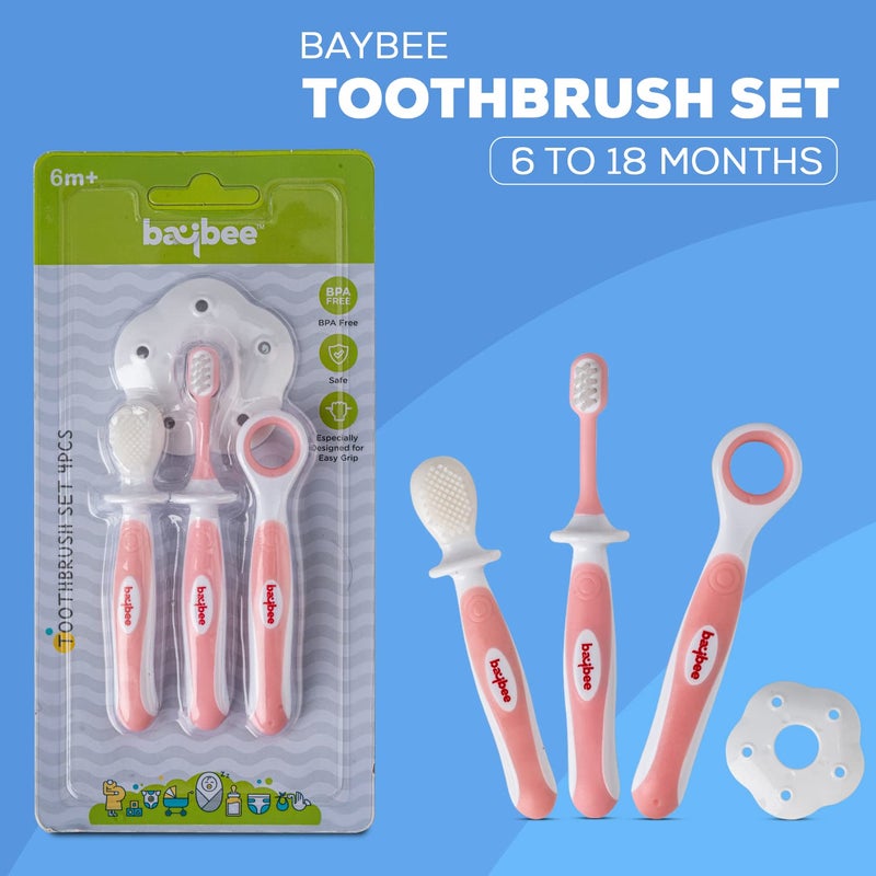 BAYBEE Soft Silicone Manual Toothbrush Set, Bpa Free Baby Training Toothbrushes With Anti Chock Shield, Tongue Cleaner|Infant Kids Toothbrush 6+ Months (Pink), Pack of 4 - Image 2