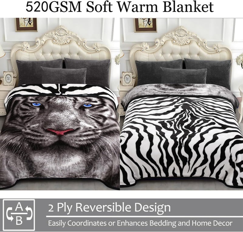 JYK Soft Fleece Bed Blanket Queen Size 5 LB, Korean Style 2 Ply Reversible Fluffy Flannel Blanket Microfiber, Warm Cozy Blanket for Autumn, Winter 75x87 Inches - Black White Tiger/Tiger Stripes - Image 3
