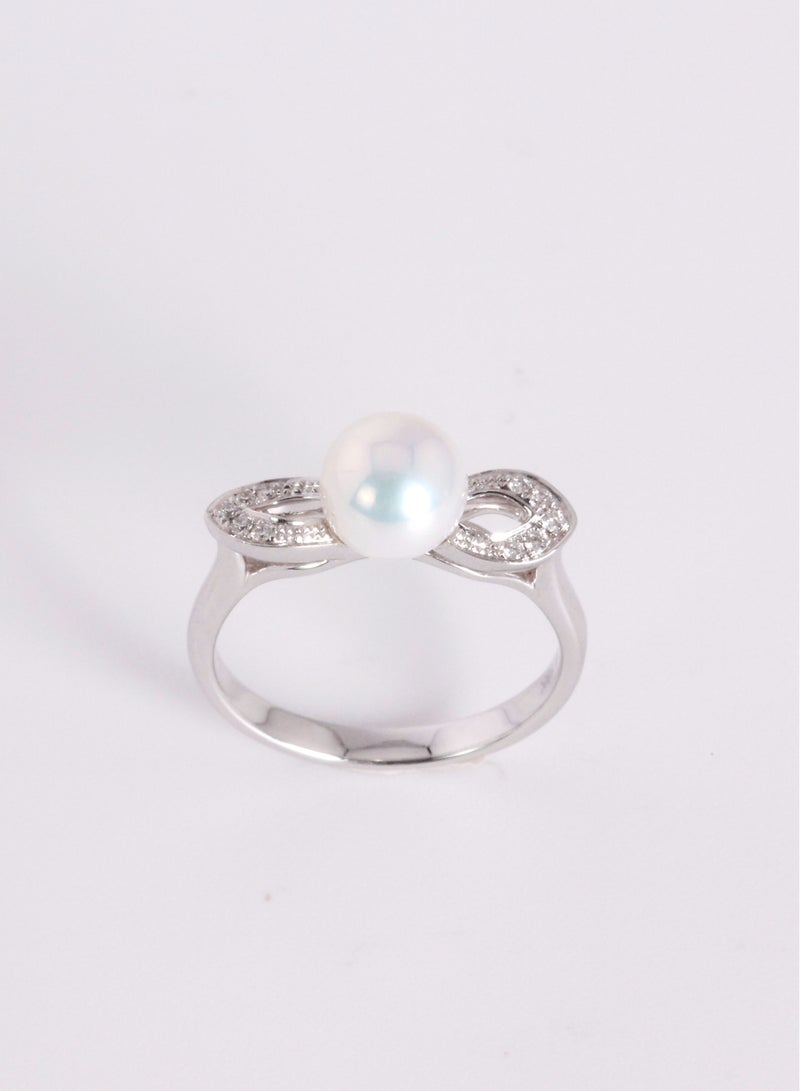 MIKURA Ring, Freshwater Pearls, A Quality, White Color, 7.5-7.0MM, 10D-0.06Cts, 18KW  - Image 1