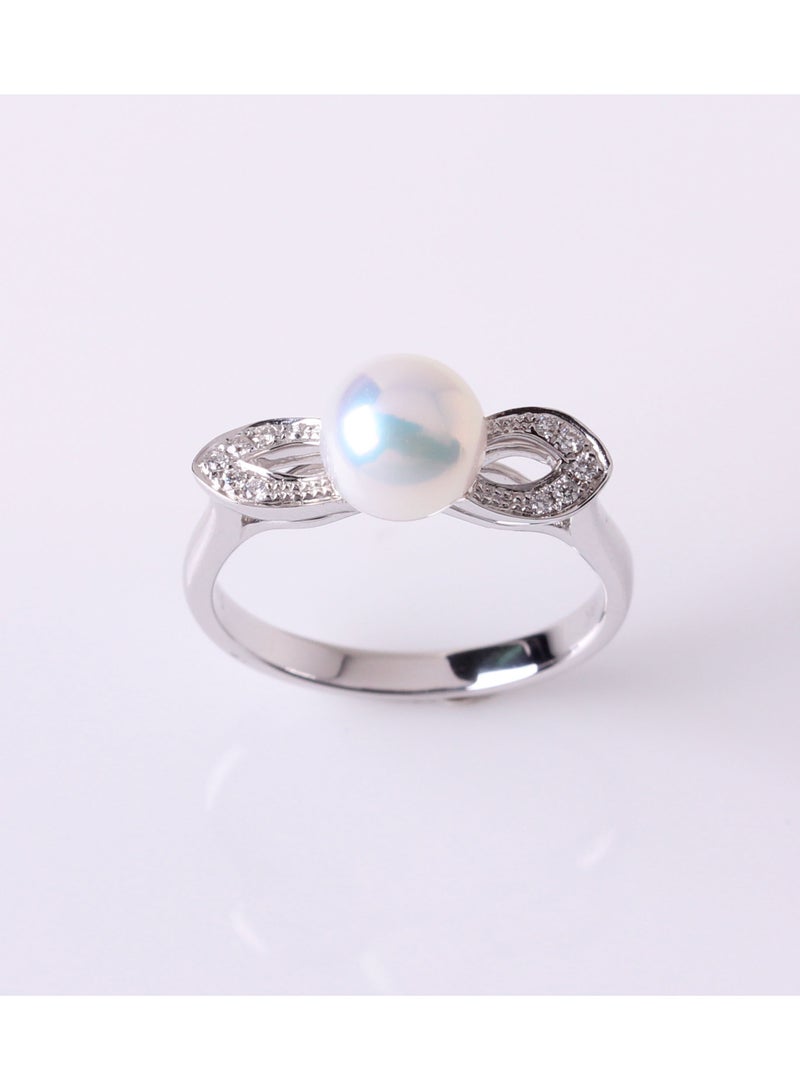 MIKURA Ring, Freshwater Pearls, A Quality, White Color, 7.5-7.0MM, 10D-0.06Cts, 18KW  - Image 2