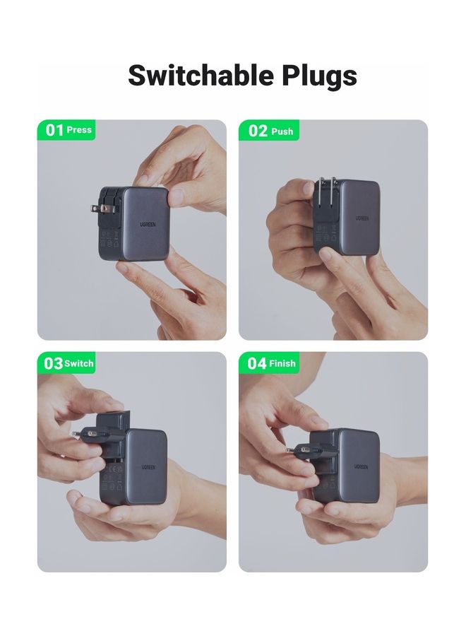 Ugreen Nexode GaN 65W USB C Charger International Travel Charger Plug 3-Port Fast Wall Charger Head, US/UK/EU Plug Laptop Charger Compatible for MacBook, HP, Dell, Lenovo, iPhone, iPad, Galaxy, Switch, etc - Image 5