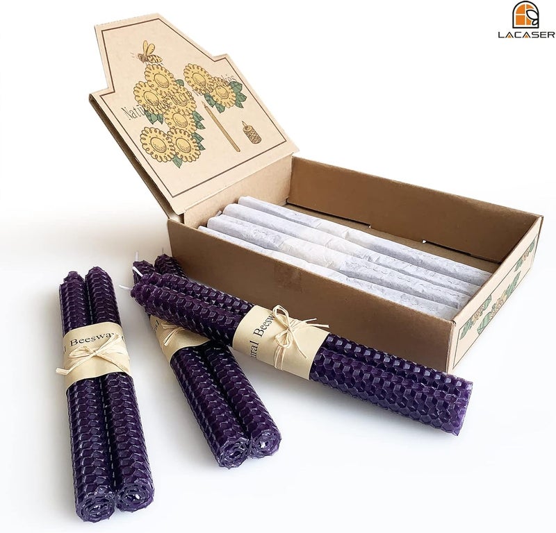 Lacaser Natural Beeswax Purple Taper Candles Bulk Set of 14 pcs, Unscented & Smokeless & Dripless Long Candlesticks 9 Inches Each, Gift Box Packed - Image 5