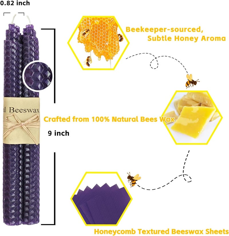 Lacaser Natural Beeswax Purple Taper Candles Bulk Set of 14 pcs, Unscented & Smokeless & Dripless Long Candlesticks 9 Inches Each, Gift Box Packed - Image 2