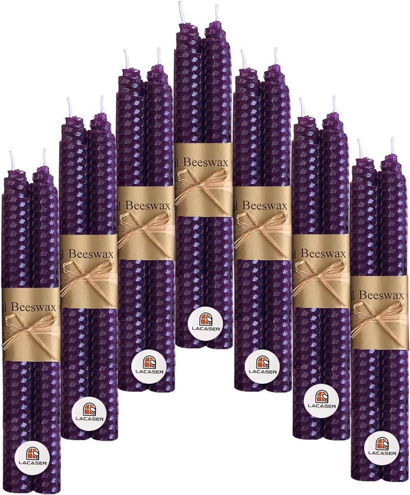 Lacaser Natural Beeswax Purple Taper Candles Bulk Set of 14 pcs, Unscented & Smokeless & Dripless Long Candlesticks 9 Inches Each, Gift Box Packed - Image 1