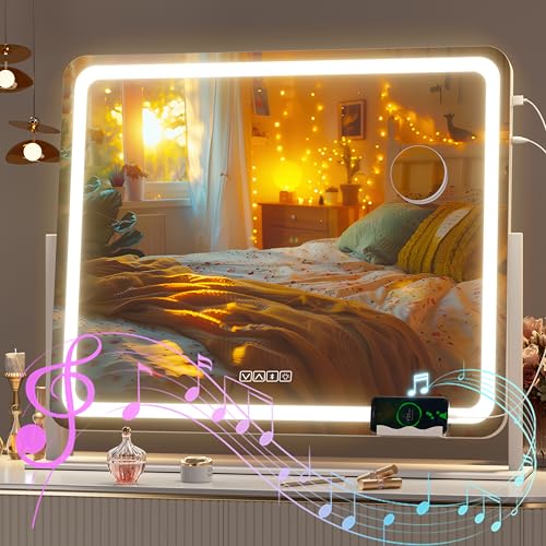 Hasipu Vanity Mirror with Lights and Bluetooth Speaker, 24" x 20" LED Makeup Mirror, Light up Mirror with 10X Magnification, USB Charging Port, Smart Touch 3 Colors Dimmable (White) - Image 1