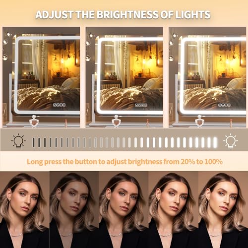 Hasipu Vanity Mirror with Lights and Bluetooth Speaker, 24" x 20" LED Makeup Mirror, Light up Mirror with 10X Magnification, USB Charging Port, Smart Touch 3 Colors Dimmable (White) - Image 5
