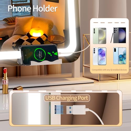 Hasipu Vanity Mirror with Lights and Bluetooth Speaker, 24" x 20" LED Makeup Mirror, Light up Mirror with 10X Magnification, USB Charging Port, Smart Touch 3 Colors Dimmable (White) - Image 3