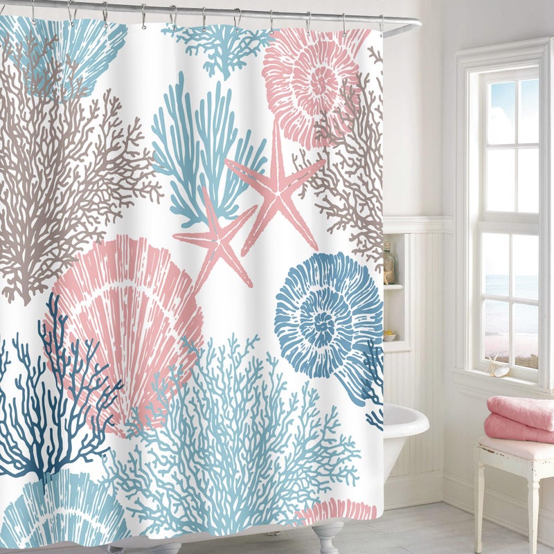 MAYZUS Long Shower Curtain 72 x 78 Inch  Tall Blue Pink Nautical Coastal Fabric Shower Curtain  Summer Tropical Seashell Starfish Coral Beach Ocean Themed Shower Curtain for Bathroom Decor - Image 2