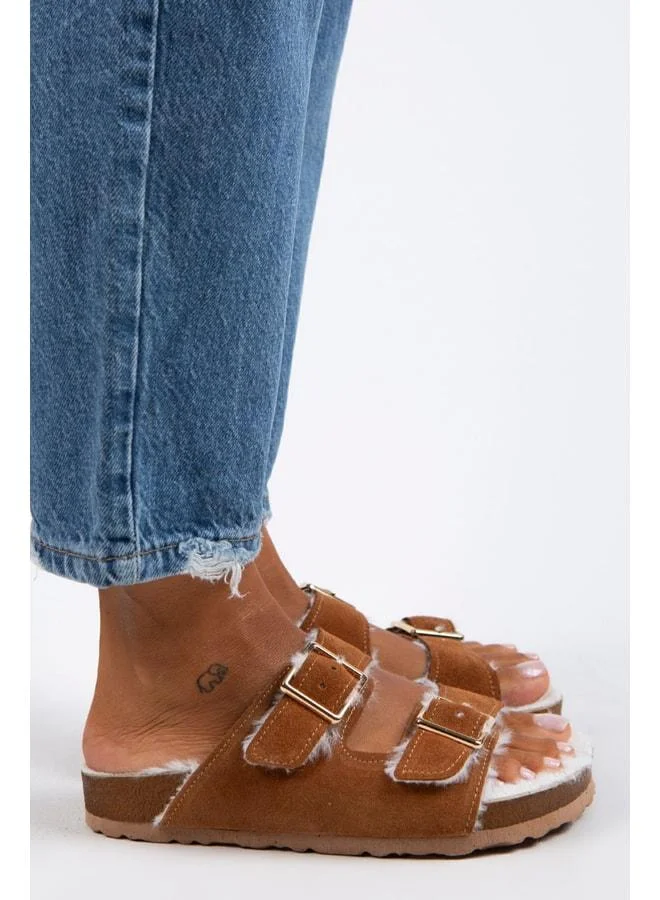 Manijero  Anjelic Fur-Lined Women's Genuine Leather Double Buckle Fur-Lined Tan Suede Slippers - Brown for Women | Best Price UAE