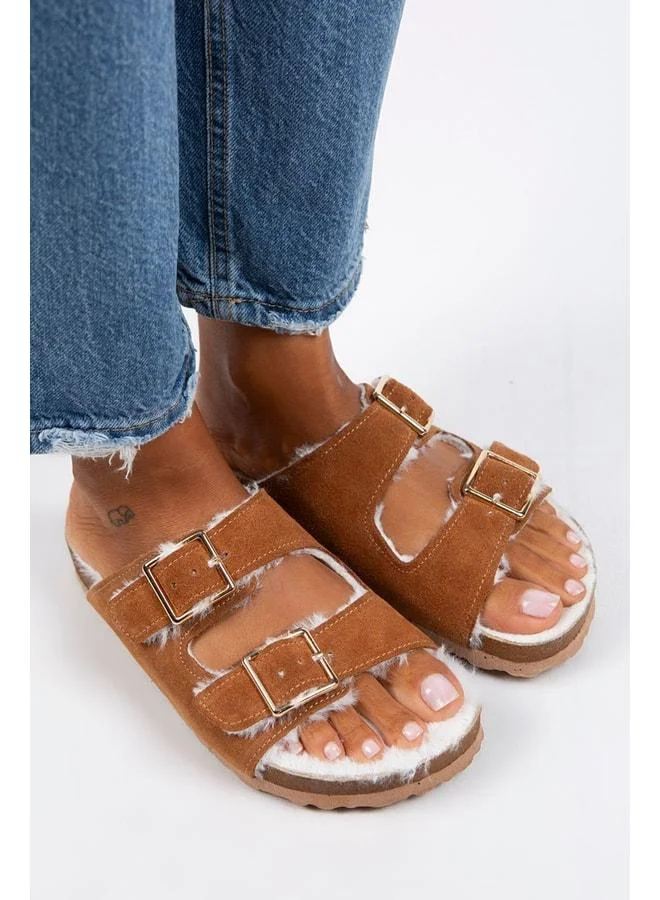 Anjelic Fur-Lined Women's Genuine Leather Double Buckle Fur-Lined Tan Suede Slippers - Brown