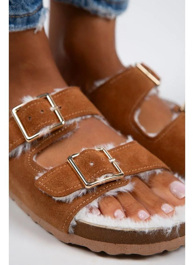 Manijero  Anjelic Fur-Lined Women's Genuine Leather Double Buckle Fur-Lined Tan Suede Slippers - Brown for Women | Best Price UAE